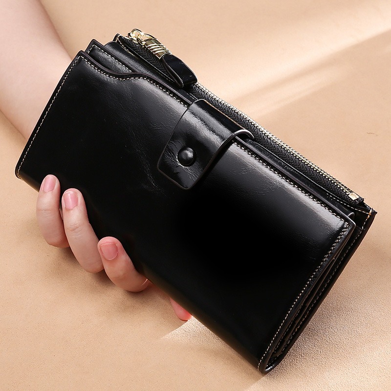 Black leather clutch wallet for women