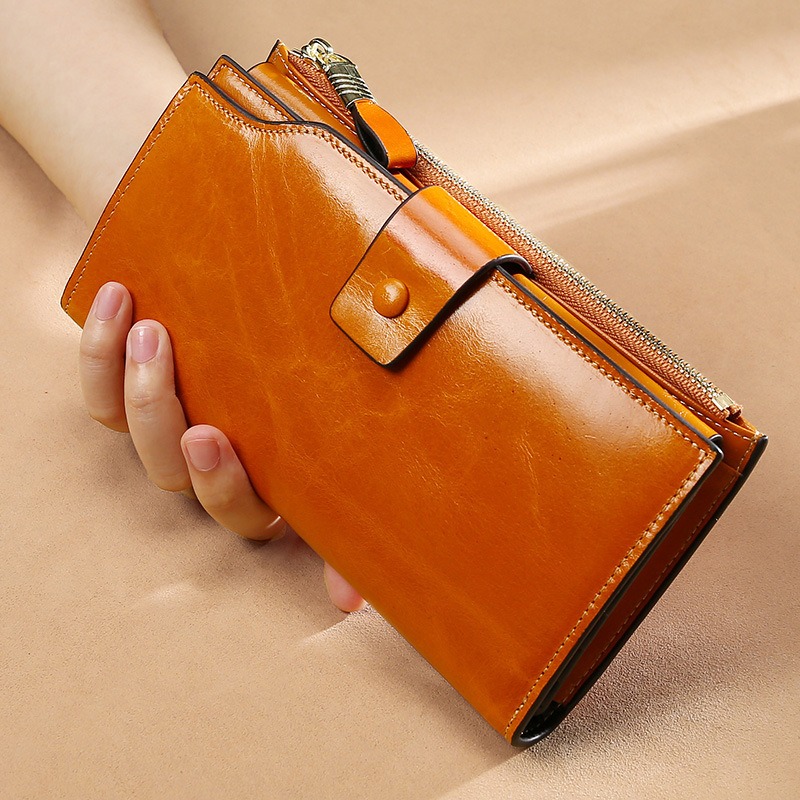 Light brown leather clutch wallet for women