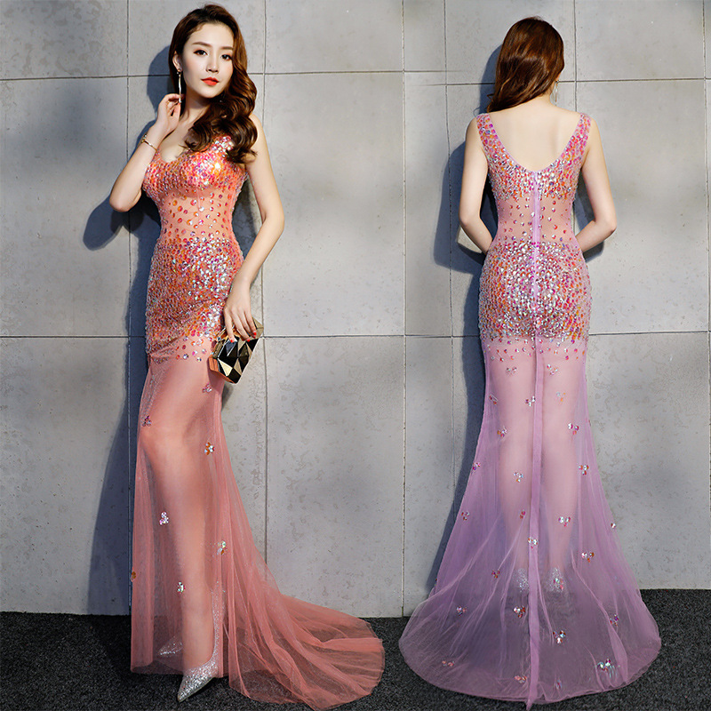 Long A-line Split Real Silk Prom Evening Dress Sequin Stone Sexy See Thr
