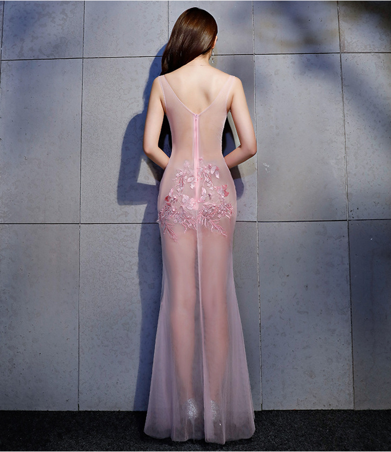 Pink Transparent Sexy Maxi Mermaid Real Silk Dress