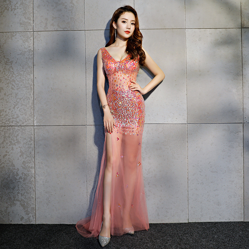 Red Long A-line Split Prom Evening Dress Train Sequin Stone Sexy See Through