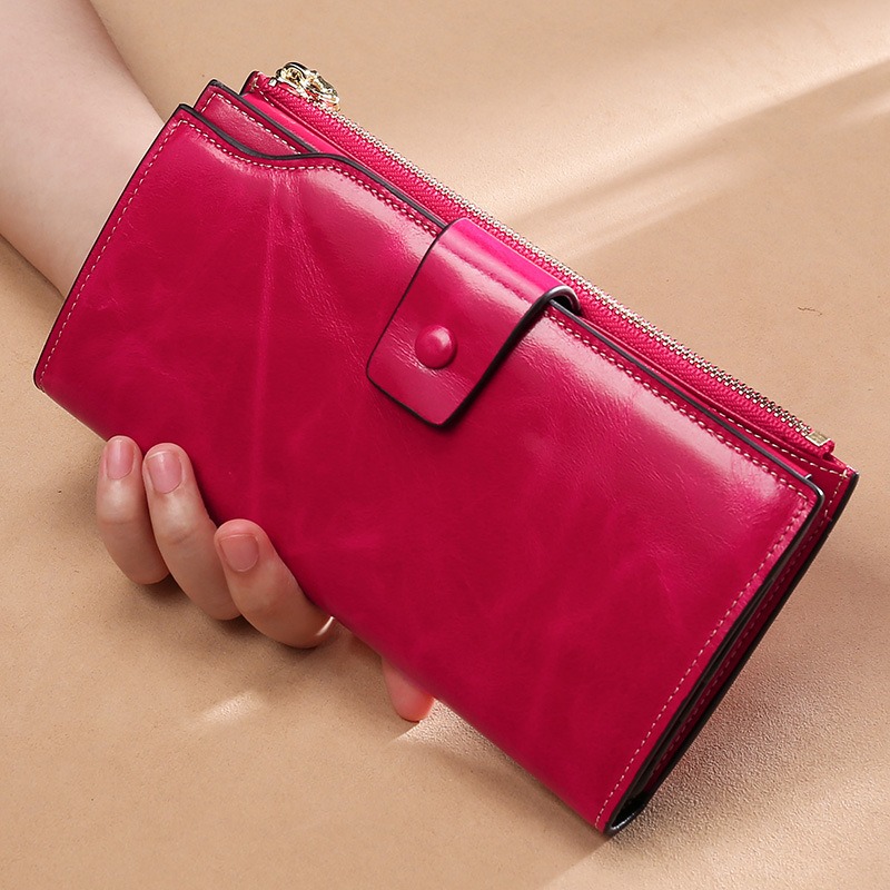 Rose red leather clutch wallet for women